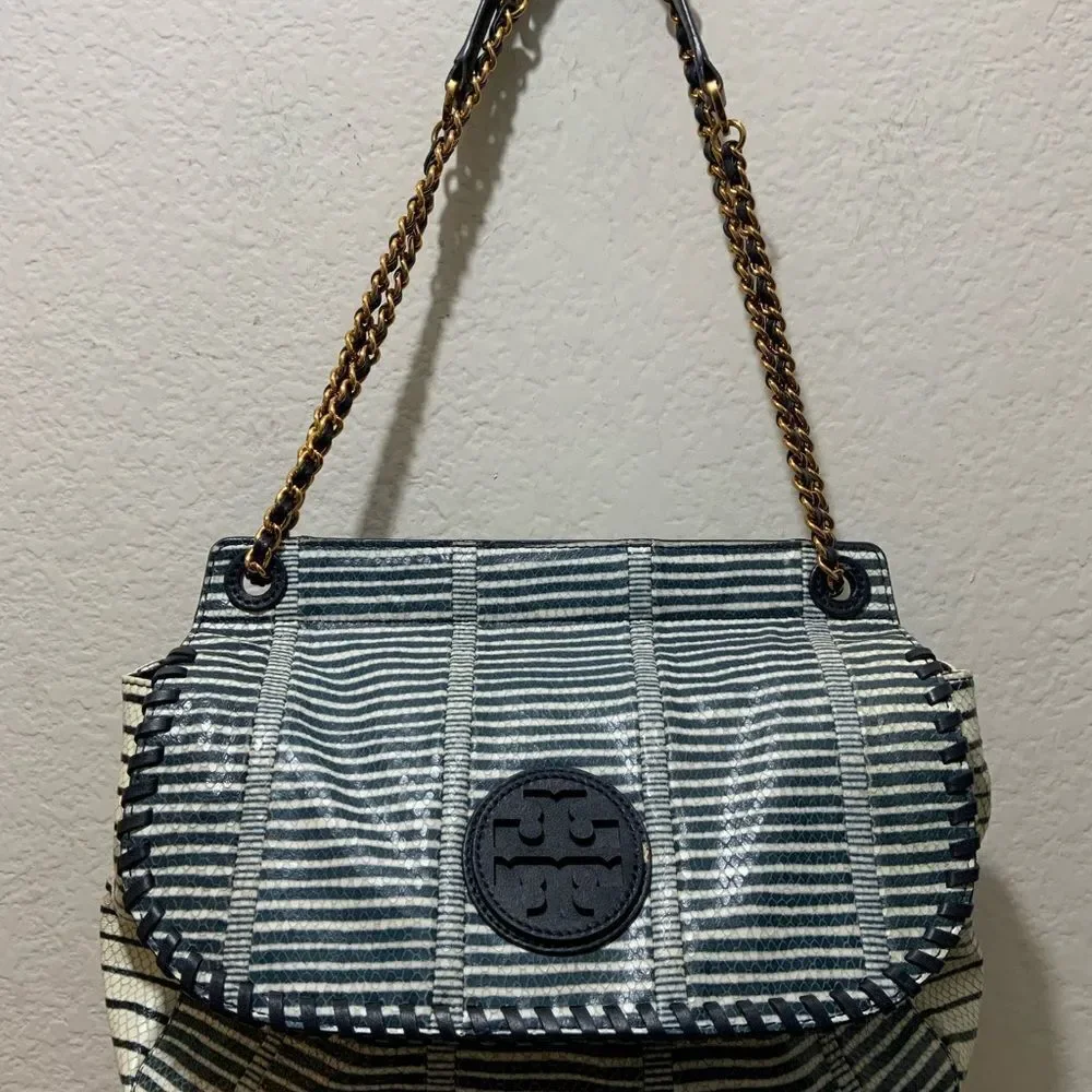 TORY BURCH MARION PATCHWORK SADDLEBAG Blue white liknew - Picture 9 of 16